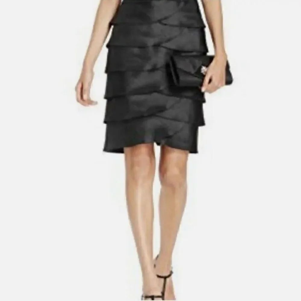 Victor Costa Ruffle Tiered Satin Knee Length Skirt In Black Size 8